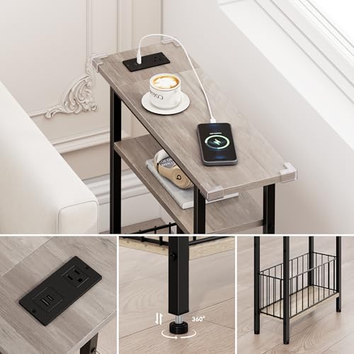 Vagusicc Narrow Side Table with Charging Station, Skinny Side End Table for Couch, 3-Tier Small End Tables for Small Spaces, 25.2" Tall Slim Nightstand Bedside Table for Living Room, Bedroom, Greige - color: Greige, style: With Plug