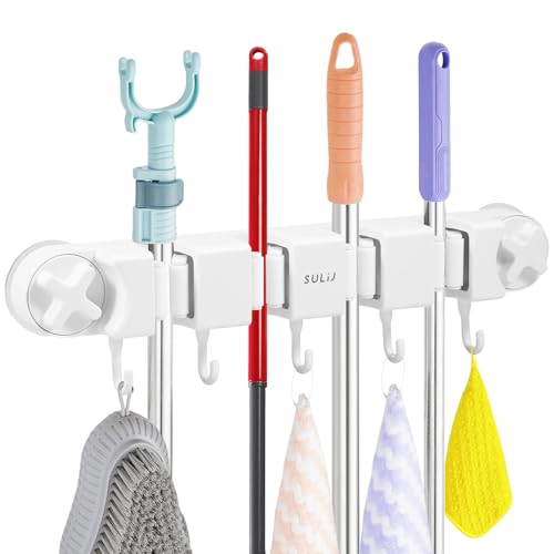 Broom Holder Wall Mount Sturdy Mop and Broom Organizer with 4 Racks and 5 Hooks Vacuum Suction Cup Broom Mop Holder for Home, kitchen, Garden, Tools, Garage - color: white