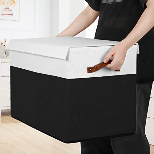 Gowee Large Toy Storage Box with Lid, Sturdy Toys Storage Chest Bin Organizer Basket with Dividers for Kids, Boys, Girls, Nursery, Closet, Bedroom, Playroom 25"x13" x16" (Black and White) - color: Black and White, size: 25"x13" x16"