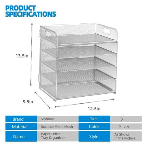 Letter Tray Paper Organizer 5-Tier Desk Organizer File Organizer Paper Holder with Handle, Metal Desktop Document Shelf Tray Office Classroom Organization - Silver - color: Silver