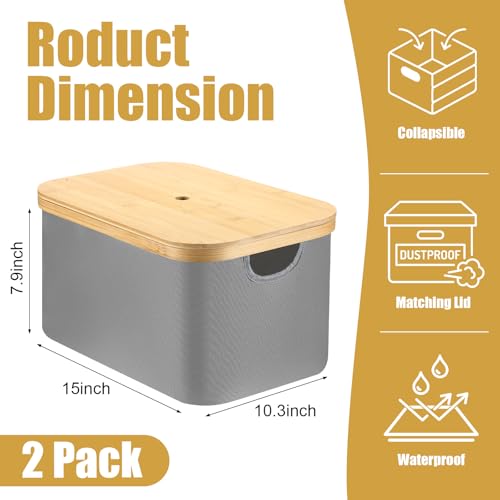Novabright 2 Pcs Collapsible Storage Basket with Bamboo Lids 15" x 10" Foldable Fabric Storage Bins with Handles for Organizing Shelves Closet Laundry Room Bathroom Clothes Towel(Gray) - color: Gray
