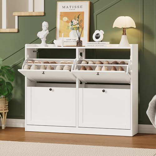 ONBRILL Shoe Cabinet with 4 Flip Drawers, Freestanding Ultra Slim Hidden Shoe Organizer with Classic Arched Pattern, 16-24 Pairs Shoe Storage Cabinet for Entryway Hallway Living Room (White) - color: White