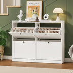 ONBRILL Shoe Cabinet with 4 Flip Drawers, Freestanding Ultra Slim Hidden Shoe Organizer with Classic Arched Pattern, 16-24 Pairs Shoe Storage Cabinet for Entryway Hallway Living Room (White) - color: White