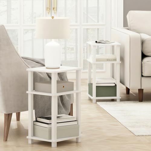 Furinno JUST Side Table Set of 2, 3-Tier Open Shelf Modern End Table, Toolless Assembly Night Stand, Bedside Table with Square Tube, for Living Room, Bedroom, White - color: White/White, size: 3-Tier, Square Pole, style: 2-Pack