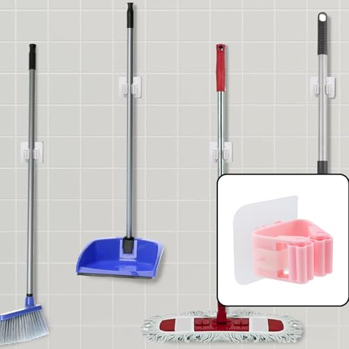Sscon 5Pcs Self Adhesive Broom Holder Wall Mount Mop and Broom Gripper Holder - Pink