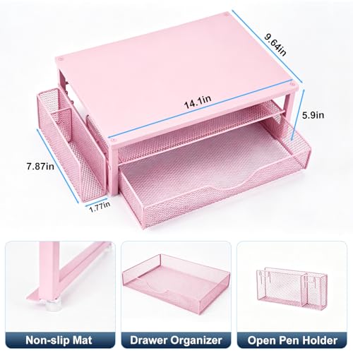 Spacrea Desk Organizer and Accessories, Computer Monitor Stand Riser with Drawer and 1 Open Pen Holder, Printer & Laptop Stand, Office Desk Accessories for Home Office Supplies (Pink) - color: Pink - Metal Drawer