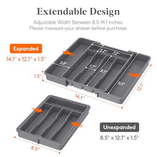 Lifewit Silverware Drawer Organizer, Expandable Utensil Tray for Kitchen, BPA Free Flatware and Cutlery Holder, Adjustable Plastic Storage for Spoons Forks Knives, 8.5-14 x 12", Dark Gray - color: Dark Gray, size: Medium (8.5-14''W x 12''D)