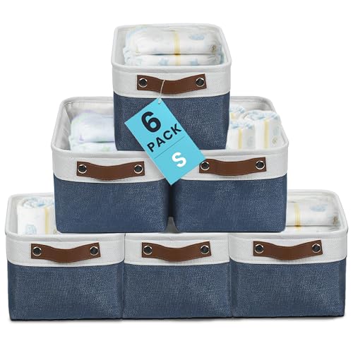 OrganiHaus Small Fabric Storage Baskets 6 Pack, 12x8in Cloth Storage Bins for Shelves, Small Baskets for Organizing Pantry Closet, Canvas Shelf Baskets, Navy Blue/Off-White - color: Navy Blue / Off-White, size: Small - 6pc