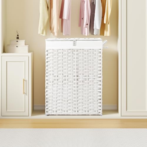 Greenstell Laundry Hamper with Lid, 90L Clothes Hamper with 2 Removable Liner Bags & 2 Mesh Laundry Bags, Handwoven Synthetic Rattan Laundry Basket for Clothes, Toys in Bathroom, Bedroom White - color: White, size: 90L (18.1 x 13.0 x 23.6 inches)