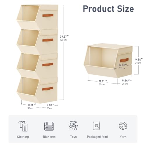 Stackable Closet Organizers and Storage Bins, Open Front Closet Shelf Organizer System With Steel Frame, Clothes Storage Basket Fabric, Collapsible Closet Drawers for Wardrobe, Nursery ,Toy, 4 Pack - color: Beige, size: 11.4 x 12.6 x 9.8. - 4 Pack