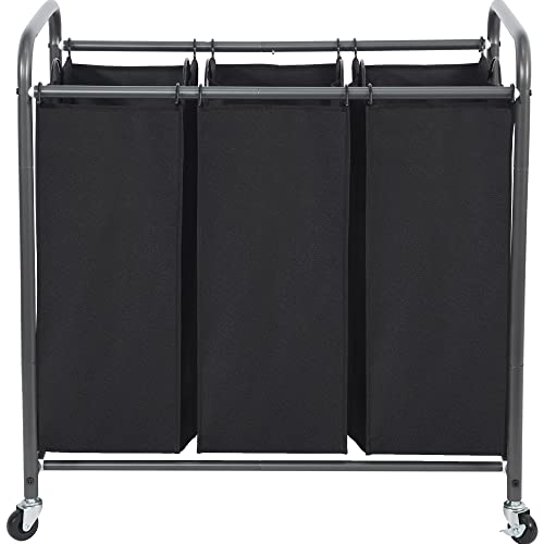STO STO Laundry Sorter 3 Section, 3 Bag Clothes Hamper, Rolling Laundry Cart Basket with Heavy Duty Lockable Wheels and Removable Bag for Laundry Room, Bedroom, Closet, Black - color: Black, size: 3-Section