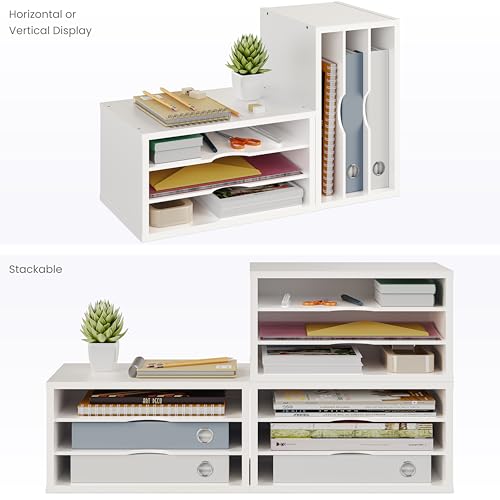Ballucci File Organizer, 3-Tier Document Paper Sorter, Stackable Wood Desk Organizer, Mail Sorter and Monitor Stand with Storage Shelves, White - color: White, size: 3 Tier