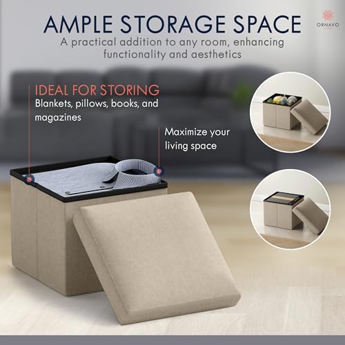 Ornavo Home Small Storage Ottoman Foldable Collapsible Cube Square Linen Ottoman Foot Rest Stool Seat, for Living Room, Bedroom, Home Office, Dorm - 12 x 12 x 12, Taupe - color: Taupe
