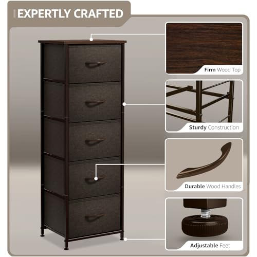 Sorbus Nightstand with 5 Drawers - Bedside Furniture & Night Stand End Table Dresser with Steel Frame, Wood Top, Easy Pull Fabric Bins for Home, Bedroom Accessories, Office & Dorm - color: Brown, style: 5 Drawer