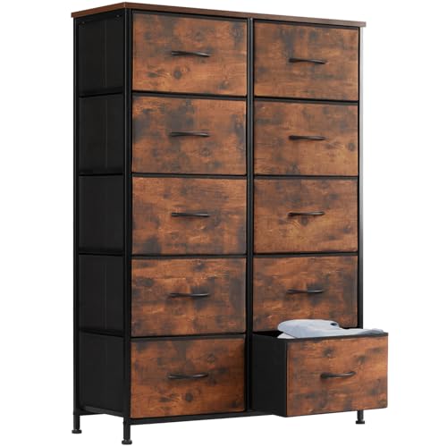 Sweetcrispy Dresser for Bedroom, Fabric Dresser with 10 Drawers, Chest of Drawers for Closet, Living Room, Sturdy Steel Frame, Wooden Top, Easy Pull Handle, Brown - color: Brown, size: 31.5"D x 11.8"W x 45.7"H (10 Drawers)