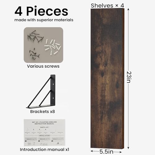 BAYKA Wall Shelves for Bedroom Decor, Floating Shelves for Wall, Display Mounted Rustic Wood Shelf for Books,Plants,Corner Shelves for Bathroom,Kitchen,Living Room(Rustic Brown，23in，Set of 4) - color: C. Rustic Brown Board & Black Brackets, size: 23-inch