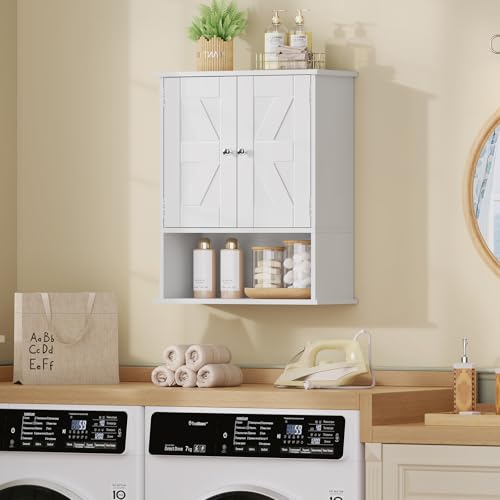 TEENFON Bathroom Wall Cabinet, Over The Toilet Space Saver Storage with Barn Doors & Adjustable Shelf, Hanging Medicine Cabinet, White 7.1" D x 15.4" W x 19.3" H - color: White