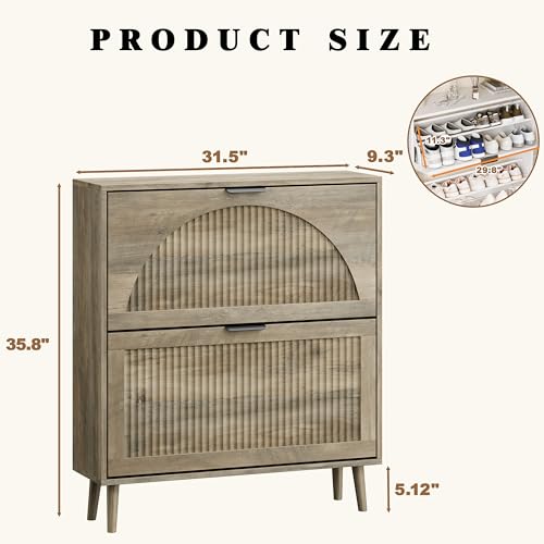 Shoe Storage Cabinet with 2 Flip Drawers, Narrow Wood Shoe Organizer Cabinet with Fluted Panel, Slim Shoe Rack for Entryway, Freestanding Shoe Cabinet for Living Room, Hallway, Grey - color: Grey, size: 2-Drawers