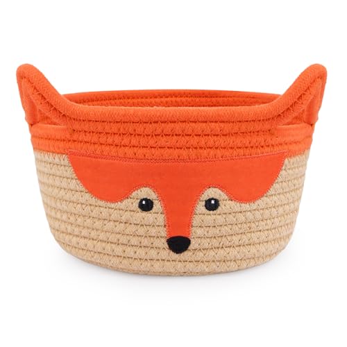 Small Storage Basket, Cute Fox Animal Gift Basket for Nursery, Woven Rope Cotton Storage, Soft Baby Towel 0rganizer with Ears Handles, Caddy Blanket Towel Decor Storage Bin, 8.2"D x 4.7"H in - color: Orange, size: 9"D × 5 "H