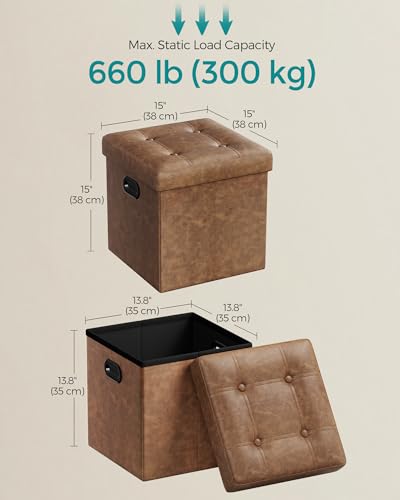 SONGMICS Mazie Collection - 15 Inches Ottoman with Storage, Footstool, Storage Ottoman with Metal Handles, Load 660 lb, for Dorm, Living Room, Bedroom, Synthetic Leather, Coffee Brown ULSF030K01 - color: Coffee Brown, size: 15"D x 15"W x 15"H