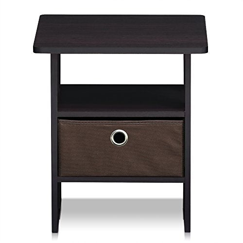 Furinno ANDREY Side Table, End Table, Night Stand with Open Shelves and Storage Bin, Bedside Table, for Living Room, Bedroom, Dark Walnut - color: Dark Walnut, size: 1-Pack, Center Bin