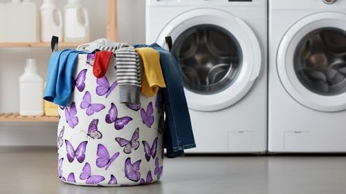 CLOCOR Large Laundry Basket,Waterproof Nursery Hamper,Collapsible Fabric Storage Container,Room Decor,Gift Basket（Deep Purple Butterfly - color: Deep Purple Butterfly