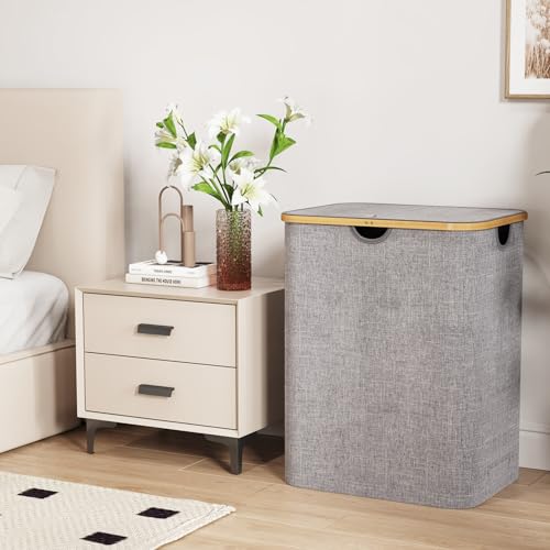 Lifewit 120L Laundry Basket with Lid, Clothes Hampers for Laundry with Bamboo Handles and 1 Removable Bag, Large Foldable Laundry Hamper for Bedroom, Bathroom, Dorm, Laundry Room, Light Gray - color: Light Gray, size: 120L