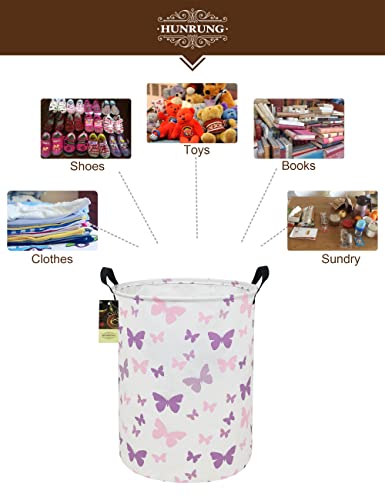 Collapsible Fabric Storage Basket, Waterproof Laundry Hamper with Handles, Round Storage Bin for Clothes Toys, Foldable Organizer for Bedroom Nursery Bathroom(Round-Purple Butterfly) - color: Round-Purple Butterfly