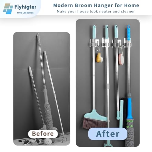 8 Pack Stainless Steel Mop Clips – Heavy Duty Wall Mounted Broom Holders, Rustproof & Tool-Free Install with Back Adhesive or Glue for Home and Garage - color: SILVER-8PCS
