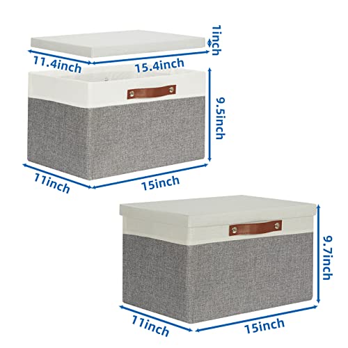Temary Collapsible Storage Bins Storage Boxes with lid, 2 Pack Storage Baskets with Lid Organizing Clothes, Decorative Organizer Bins with Handles (White&Gray, 15x11x9.5inch) - color: White&Grey, size: 15×11×9.5