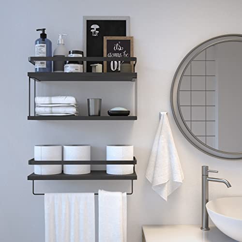 RICHER HOUSE 2+1 Tier Wall Mounted Floating Shelves Set of 2, Rustic Wood Wall Shelf with Metal Frame, Extra Storage Rack for Bathroom, Kitchen, Bedroom with Tissue Rack & Towel Bar - Black - color: Black, size: 2+1 Tier Size