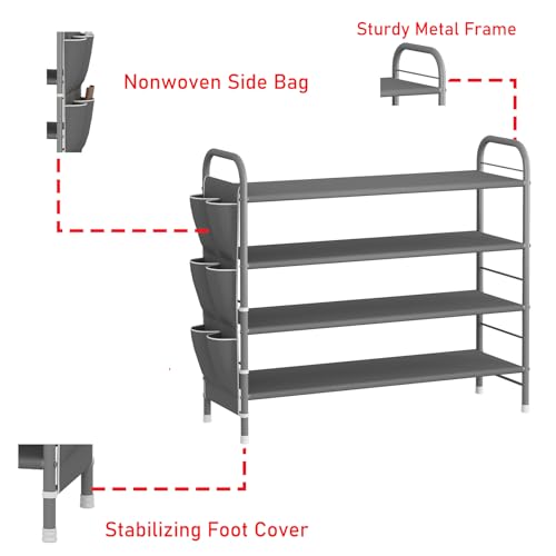 SUOERNUO 4 Tier Free Standing Metal Shoe Rack With Side Bag - Compact Shoe Organizer for Entryway Closet Bedroom, Grey - color: Grey, size: 4 Tier