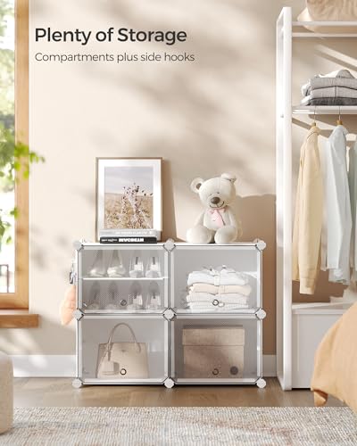 SONGMICS Shoe Rack Organizer, 4-Tier Shoe Storage Cabinet for Closet and Entryway, Holds 16 Pairs of Shoes, Adjustable, Cloud White and Trasparent ULPC032W01 - color: Cloud White + Trasparent, size: 4 Cubes