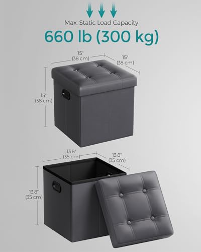 SONGMICS Mazie Collection - 15 Inches Ottoman with Storage, Footstool, Storage Ottoman with Metal Grommet Handles, Load 660 lb, for Dorm, Living Room, Bedroom, Synthetic Leather, Dark Gray ULSF030G01 - color: Dark Gray, size: 15"D x 15"W x 15"H