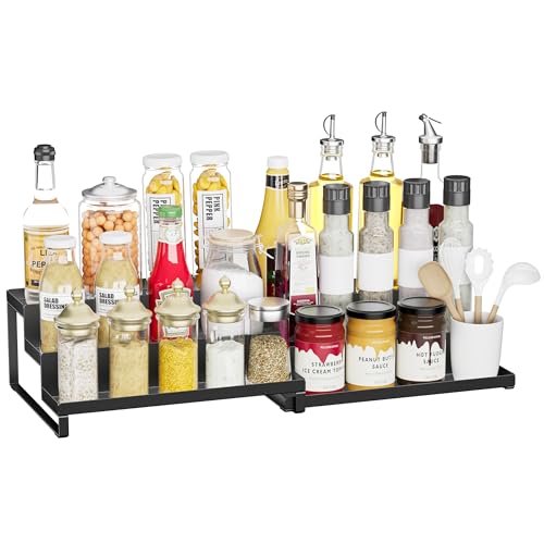 BOIVSHI Spice Rack Organizer for Cabinet, Expandable 3 - Tiered Spice Rack, Metal Spice Organizer, Spice Shelf Organizer for Cabinet, Countertop, Pantry, Cupboard, Black