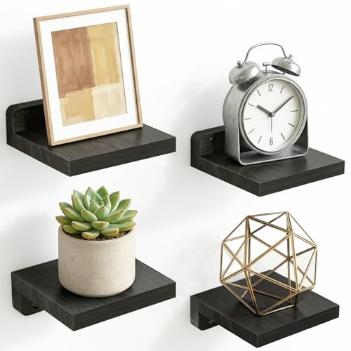 Fixwal Wall Shelves, 5x5 Inches Small Floating Shelf, Rustic Wood Wall Mounted Shelves for Bedroom, Living Room, Kitchen, Bathroom Decor (Set of 4, Black) - color: Black