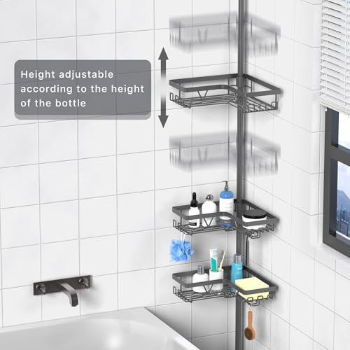 KEGII Corner Shower Caddy Tension Pole - Rustproof Tension Rod Organizer, Floor to Ceiling Shower Caddy 25-114.2 inch, Bathroom Storage Rack Corner Waterproof, Dark Gray - style: Tension Caddy - Dark Gray