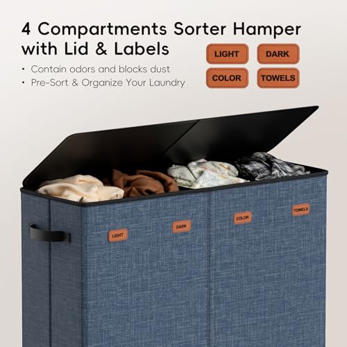 Laundry Hamper 4-Section with Lid, 185L Laundry Sorter with 4 Removable Bags + 1 Extra Large Bag, Switchable 3/4 Compartment, Laundry Basket Organizer for Bedroom, Laundry Room，Navy Bule - color: Navy Bule, size: 185L - 4 Section