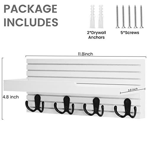 Decorative Key Hanging Rack with 4 Double Hooks – Easy Install Natural Wooden Key and Mail Holder for Wall Mount – Entryway Decor Rack with Shelf (White) - color: White