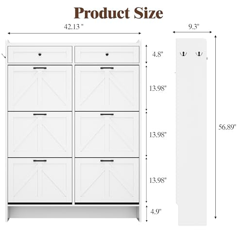 Thacuok Shoe Cabinet with 6 Flip Drawers & 2 Storage Drawers, Rustic Farmhouse Narrow Shoe Organizer Cabinet, Slim Shoe Rack Cabinet, Shoe Storage Cabinet for Entryway, Hallway, Front Door - color: White, size: 6 Drawers