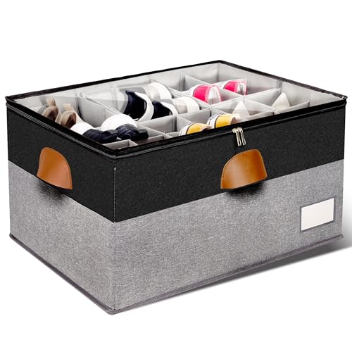 1 Pack Shoe Organizer for Closet, Adjustable Shoe Box Storage Containers, Large Foldable Shoe Bins with Clear Cover, Space Saving Shoes Holder with 4 Handles, Fits 12-24 Pairs, Black - color: Black and Grey, size: (1 Pack) 25 ½"L x 17"W x 12 ½"H