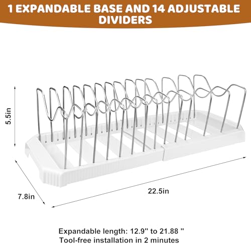 Pots and Pans Organizer Under Cabinet, 14-Slot Expandable Pot Rack Organizer with Cup Brush, Kitchen Pots and Pans Organizer for Cookware, Lids, Bakeware, Cutting Boards Tool-Free Installation (White) - color: White