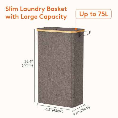 Lifewit 75L Slim Laundry Hamper with Lid, Narrow Laundry Basket with Removable Bag & Bamboo Handles, Fodable Thin Dirty Clothes Hamper for Laundry Collapsible Bin for Bathroom Bedroom Dorm, Brown - color: Brown, size: 75L