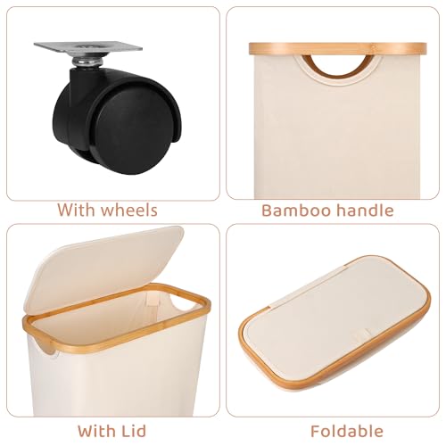 Slim Laundry Basket with Wheels,Narrow Hampers for Laundry,Freestanding Laundry Hamper with Lid&Bamboo Handles,Collapsible & Waterproof Tall Cloth Hamper for Dorm Family(60L Beige) - color: Beige, size: 60L with Wheels