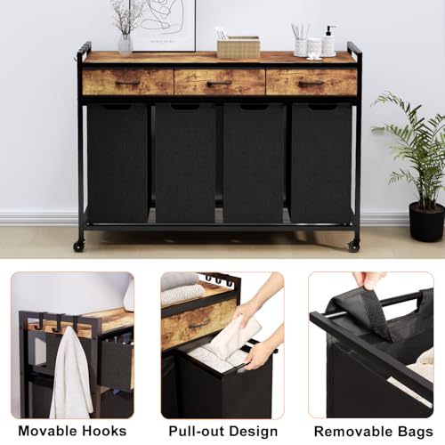 Timberer Laundry Hamper, Laundry Sorter 4 Sections, Rolling Laundry Basket with Wheels, 3 Drawers, 4 × 14.5 Gal (55 L), Pull-Out and Removable Oxford Fabric Bags, Black and Rustic Brown - color: Black + Rustic Brown, size: 4 Bags (54.3"L x 12.9"W x 39.6"H