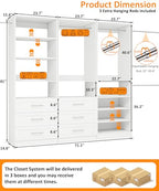 Closet System With 3 Sets, 6–16 Ft Closet Organizer System With 6 Drawers, Walk-In Closet With 9 Shelves & 5 Adjustable Hanging Rods, Customizable Modular Closet Kit, White