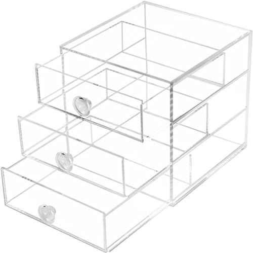 AJIODA Makeup Drawer Organizer Box with 3 Drawers, Acrylic Cosmetic Display Case Vanity Organizer Jewelry Storage Box Stackable Storage for Cosmetics, Skin Care, Bathroom, Countertop, Clear - color: Clear Handle