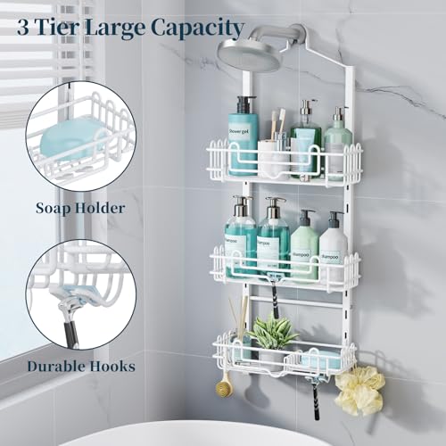 Consumest Shower Caddy Hanging – Rustproof Over Shower Head Hanger with Soap Holder and Hooks, Anti-Slip Shower Shelves for Storage, Bathroom Organizer for Apartment, Dorm, White - color: White, size: 3 Tier-Shower Head