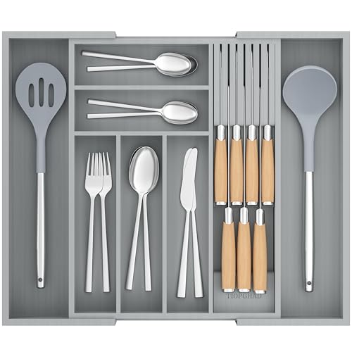 TIOPGHAD Bamboo-Silverware-Drawer-Organizer-Kitchen, Expandable Utensil Holder Cutlery Tray Flatware Organization Adjustable Wood Tableware Dividers Storage (with Removable Knife Block)(Grey) - color: Grey, size: Large