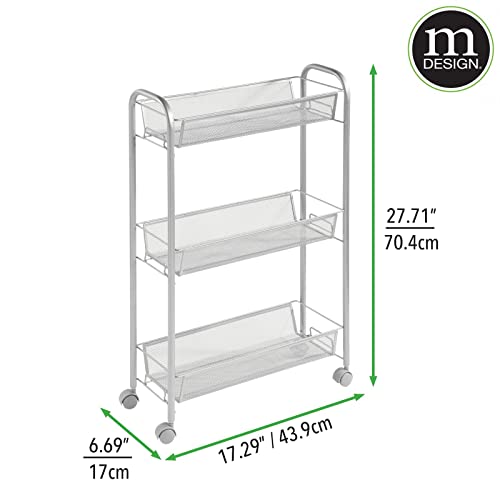 mDesign Steel Rolling Utility Cart Storage Organizer Trolley with 3 Basket Shelves for Laundry Room, Mudroom, Garage, Bathroom Organization - Holds Detergents, Hand Soap - Biro Collection, Silver - color: Silver